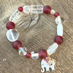 Elegant Red and Clear sea glass Beaded Bracelet with Elephant Charm